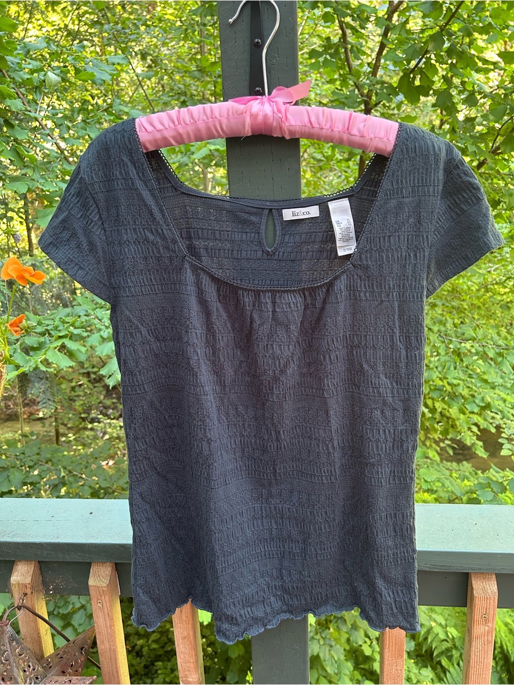 Liz Claiborne Dark Dusky Blue Textured Scoop Neck Short Sleeve Top
